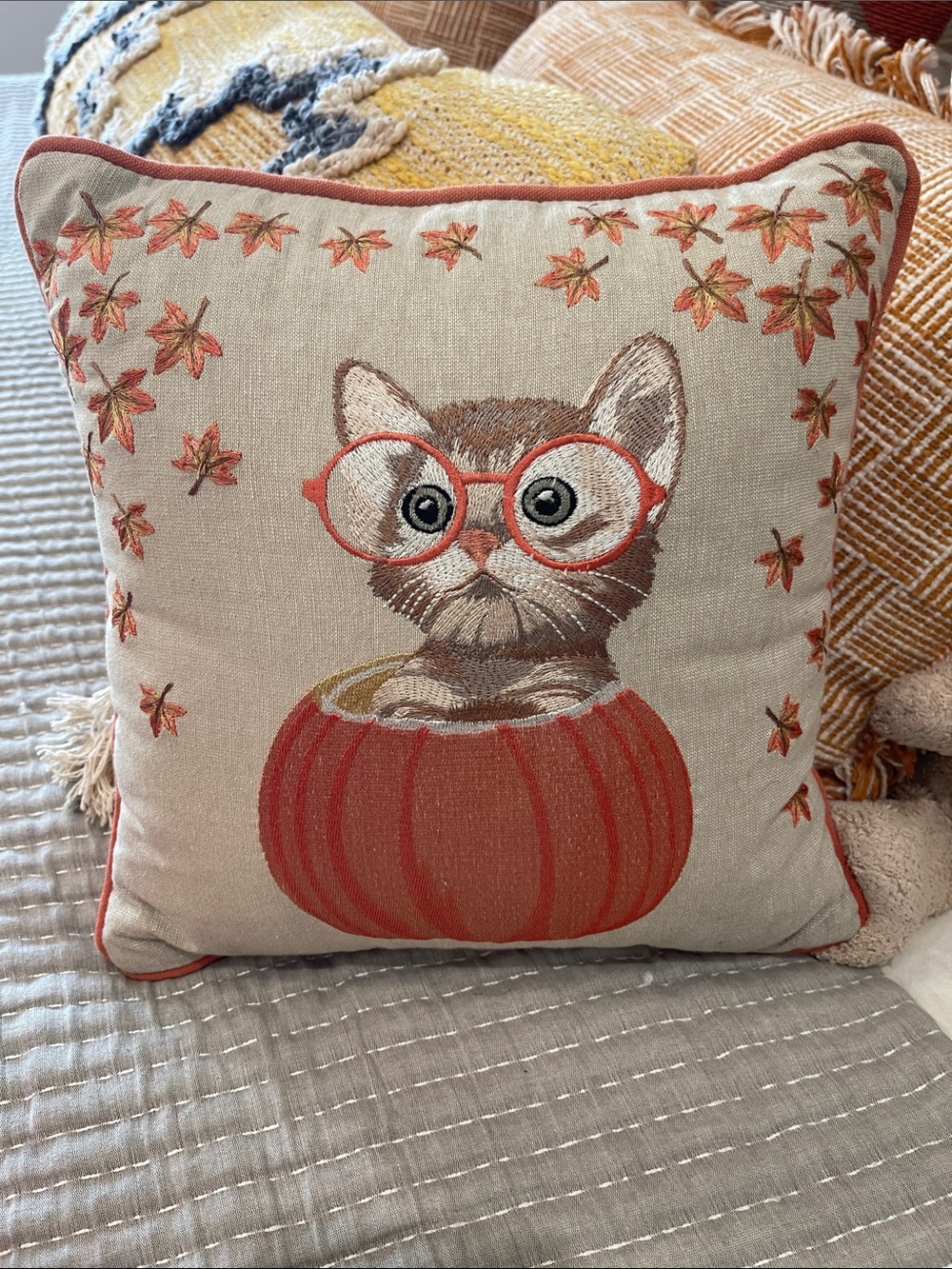 Pier 1 Embroidered Kitty Pumpkin Accent Pillow